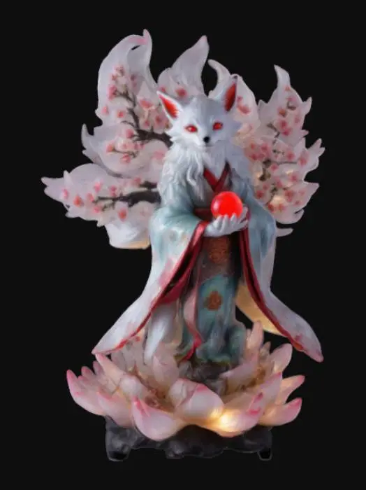 3D model for A mystical nine-tailed fox spirit with radiant silver fur and glowing red eyes. Their elegant robes shimmer with moonlight patterns, and each tail flows with magical energy. They stand gracefully on a floating lotus platform, holding an enchanted jade orb. Cherry blossoms drift around them, casting a serene yet powerful presence.