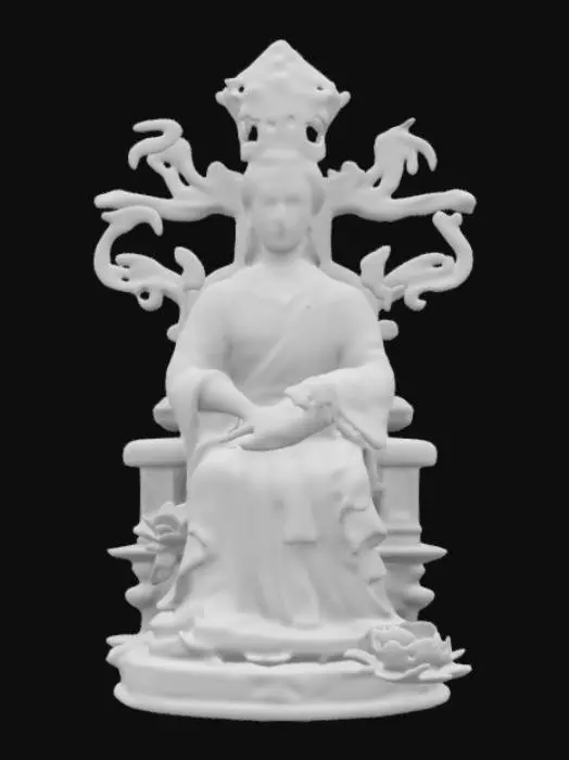 3D model for An intricate  porcelain statue. A graceful Chinese empress seated on a floating jade throne, dressed in a flowing, embroidered golden-green hanfu. Her long black hair is adorned with phoenix hairpins and glowing jade ornaments. She raises a hand, summoning a swirl of golden qi energy. Lotus petals and divine light radiate around her, symbolizing her celestial wisdom and beauty.