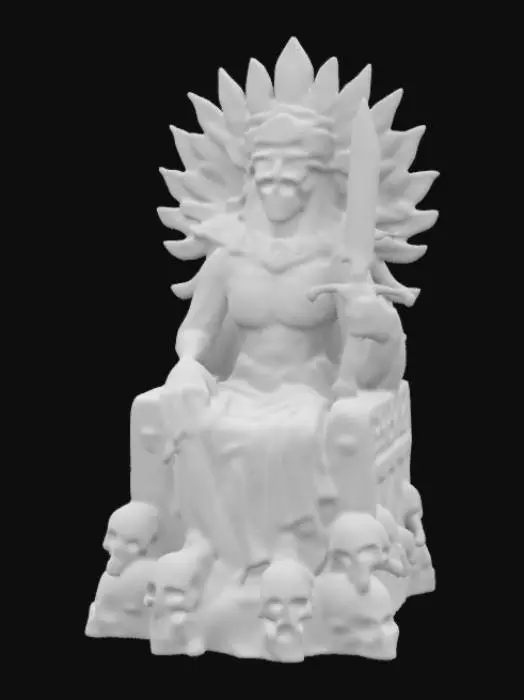 3D model for A polished vibrant marble statue. A skeletal Mayan death god with glowing red eyes sits on a throne of skulls deep in the Underworld of Xibalba. His tattered black and red robes ripple with dark energy, and his long, clawed fingers grip an obsidian dagger. Mist rises from the jaguar-carved stone altar behind him, while sacrificial fires burn ominously in the background.