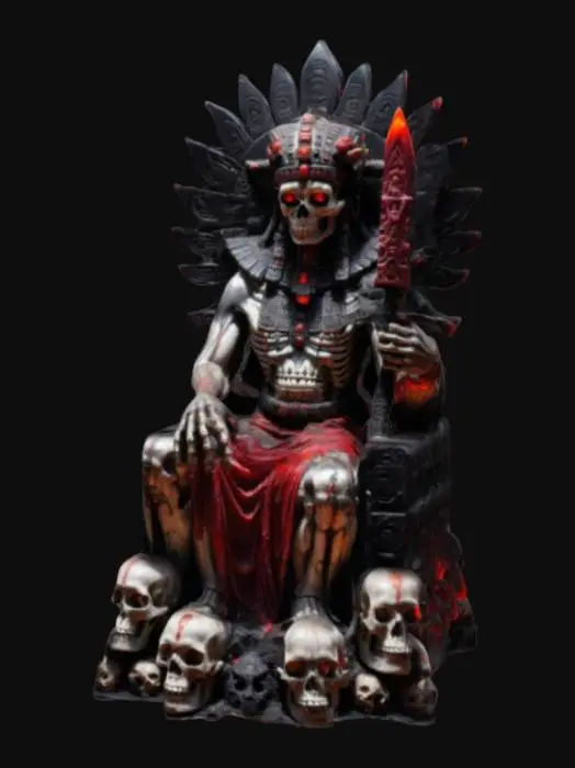 3D model for A polished vibrant marble statue. A skeletal Mayan death god with glowing red eyes sits on a throne of skulls deep in the Underworld of Xibalba. His tattered black and red robes ripple with dark energy, and his long, clawed fingers grip an obsidian dagger. Mist rises from the jaguar-carved stone altar behind him, while sacrificial fires burn ominously in the background.