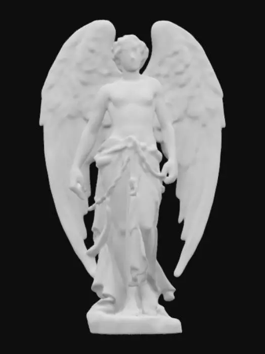 3D model for A stunning marble statue. A powerful, shirtless fallen angel with battle-worn wings, golden chains wrapped around his wrists and chest. His dark hair falls messily over his glowing red eyes, filled with rage and sorrow. His black, tattered robes swirl around him as embers rise from the ground, hinting at the chaos he once ruled.