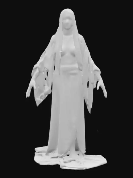 3D model for A ghostly alabaster statue of Onryō. A terrifying Onryō spirit with long, wet black hair covering its pale, decayed face. Its empty, glowing white eyes stare lifelessly, and its kimono is torn and soaked in blood. The ghost’s hands reach out unnaturally, fingers elongated and twisted, as it floats above the ground in a dark, misty forest with flickering lanterns.
