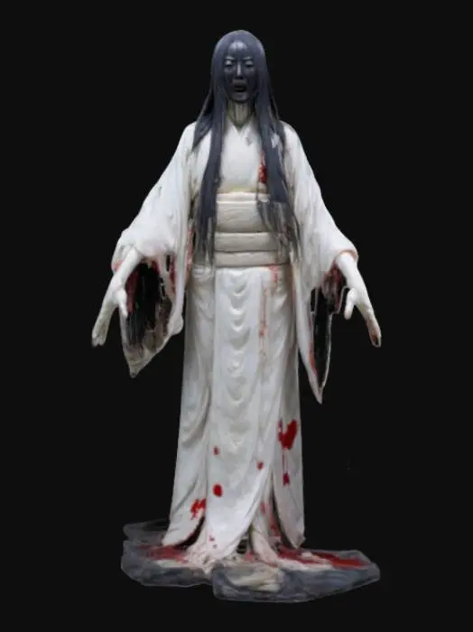 3D model for A ghostly alabaster statue of Onryō. A terrifying Onryō spirit with long, wet black hair covering its pale, decayed face. Its empty, glowing white eyes stare lifelessly, and its kimono is torn and soaked in blood. The ghost’s hands reach out unnaturally, fingers elongated and twisted, as it floats above the ground in a dark, misty forest with flickering lanterns.