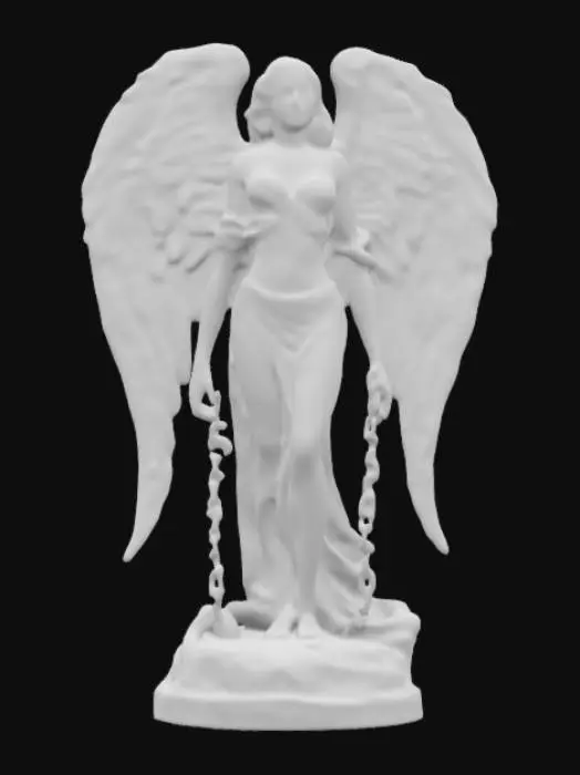 3D model for A elaborate alabaster statute with high details. A breathtakingly beautiful angel with glowing golden wings, bound in enchanted chains. Her expression is a mix of defiance and submission, and her flowing silk garments barely conceal her celestial form. The dim, holy light surrounding her flickers as if struggling to keep her divine energy contained.