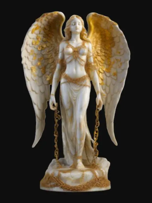 3D model for A elaborate alabaster statute with high details. A breathtakingly beautiful angel with glowing golden wings, bound in enchanted chains. Her expression is a mix of defiance and submission, and her flowing silk garments barely conceal her celestial form. The dim, holy light surrounding her flickers as if struggling to keep her divine energy contained.