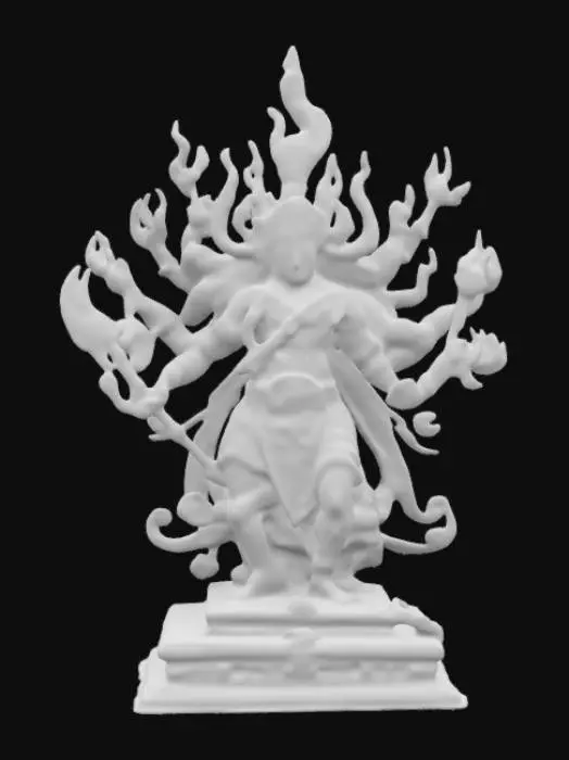 3D model for A crimson and onyx polished marble statue of Ravana. A ten-headed, many-armed demon king, dressed in golden armor, wielding multiple weapons. Fire and chaos erupt around him as he towers over a battlefield. Detailed.