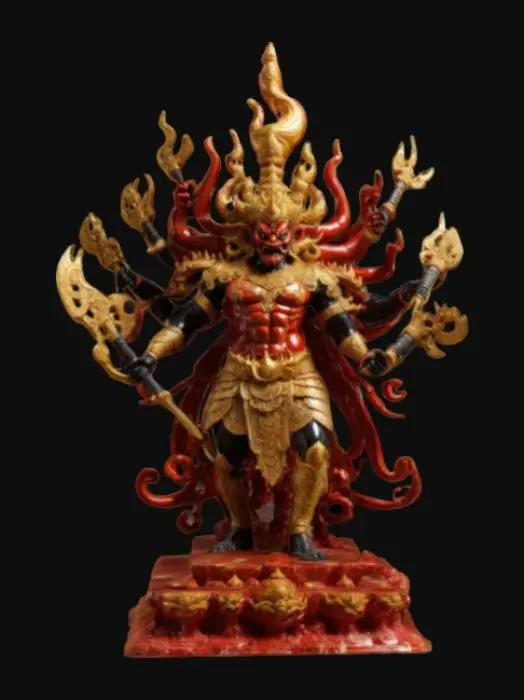 3D model for A crimson and onyx polished marble statue of Ravana. A ten-headed, many-armed demon king, dressed in golden armor, wielding multiple weapons. Fire and chaos erupt around him as he towers over a battlefield. Detailed.