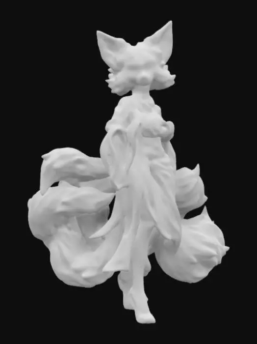 3D model for A elaborate translucent statue. A beautiful nine-tailed fox woman in a flowing kimono, holding a glowing foxfire orb. Her mischievous smile hints at hidden magic as cherry blossoms drift around her.