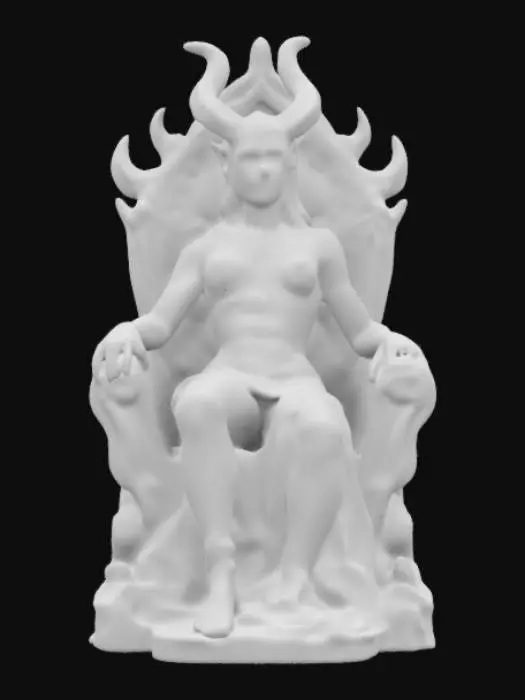 3D model for A porcelain statute with high details. A devilish, alluring demon queen with glowing crimson eyes, curved horns, and intricate black tattoos tracing her pale skin. Her tight, obsidian armor is adorned with gold and dark energy flows around her. She lounges on a throne of bones, smirking as if daring mortals to kneel before her.