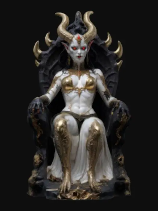 3D model for A porcelain statute with high details. A devilish, alluring demon queen with glowing crimson eyes, curved horns, and intricate black tattoos tracing her pale skin. Her tight, obsidian armor is adorned with gold and dark energy flows around her. She lounges on a throne of bones, smirking as if daring mortals to kneel before her.