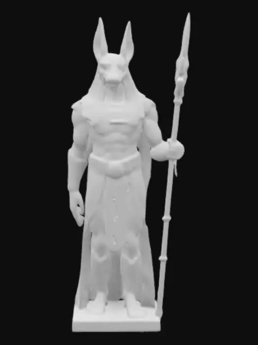 3D model for An onyx and polished marble statue of Egyptian God Anubis. A towering jackal-headed warrior with glowing red eyes, draped in golden armor and holding a glowing staff of judgment. Behind him, ancient pyramids rise under the full moon, and lost souls kneel before him.