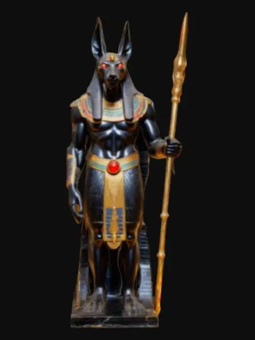 3D model for An onyx and polished marble statue of Egyptian God Anubis. A towering jackal-headed warrior with glowing red eyes, draped in golden armor and holding a glowing staff of judgment. Behind him, ancient pyramids rise under the full moon, and lost souls kneel before him.