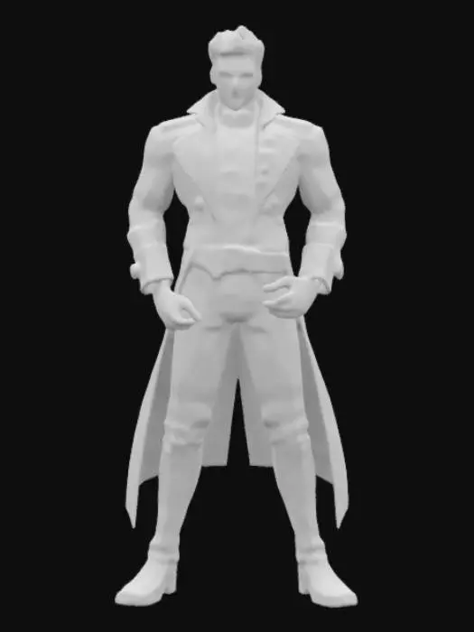 3D model for a 3D model of Jotaro Kujo in a **stylized anime** style. Ensure a tall, muscular build with exaggerated proportions matching *JoJo’s Bizarre Adventure*. The face should have **bold anime shading**, sharp lines, and cell-shaded textures. Outfit includes his **iconic long coat with gold accents**, his fused cap-hair design, and a high-collared uniform. Maintain **clean topology** and striking JoJo-style details. Avoid hyper-realistic textures.  

