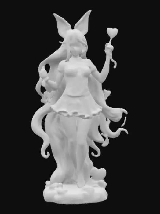 3D model for elaborate, intricate, polished alabaster statue, a beautiful valentine mage, she is casting a love spell, wearing modern clothing with a t-shirt that has a "I love Meshy!", valentine colorful #valentine#