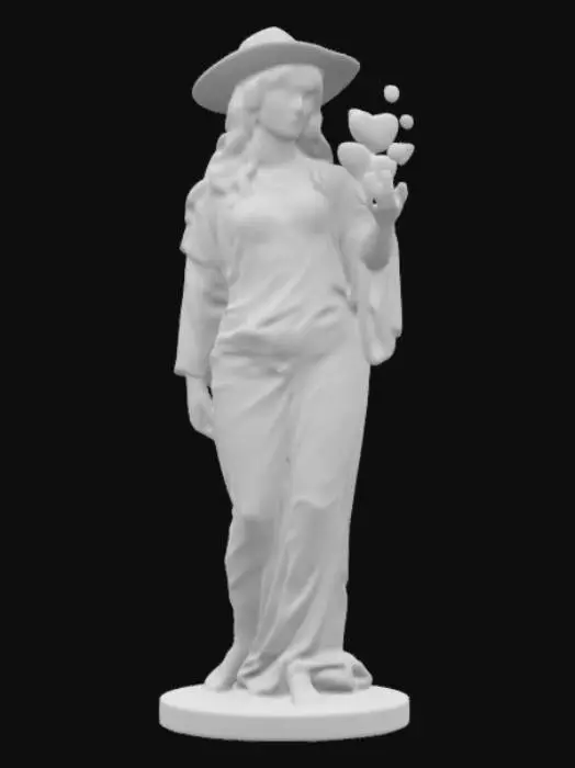 3D model for elaborate, intricate, polished alabaster statue, a beautiful valentine mage, she is casting a love spell, wearing modern clothing with a t-shirt that has a "I love Meshy!", valentine colorful #valentine#