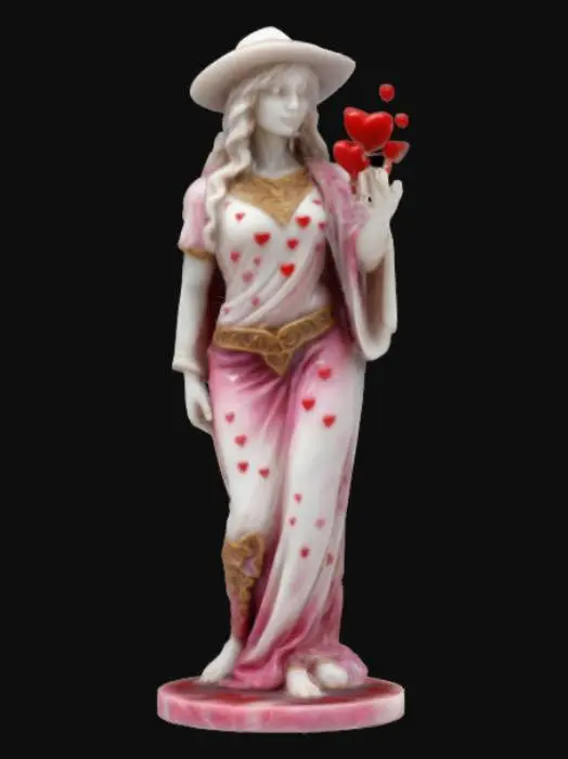 3D model for elaborate, intricate, polished alabaster statue, a beautiful valentine mage, she is casting a love spell, wearing modern clothing with a t-shirt that has a "I love Meshy!", valentine colorful #valentine#