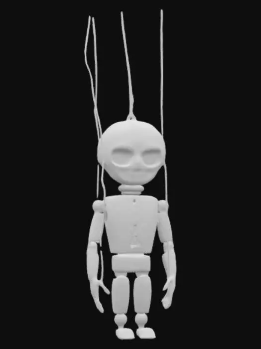 3D model for Cursed Marionette. Gothic horror stylized art, hand-painted texture. Cracked wooden doll, glowing empty eye sockets, torn and rotting strings. Creepy hand-painted engravings, cursed aura, deep horror shadows. Stylized eerie highlights.