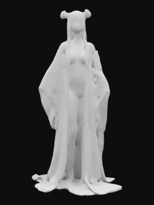 3D model for Kannonbiraki Benihime Aratame. Comic book dark fantasy stylized art, hand-painted texture. A beautiful woman with segmented doll-like body, revealing red robe, dark, braided hair arranged in loops on her head. Glowing surgical aura, reality-altering presence, ceremonial elegance blended with horror. Deep painterly highlights, dramatic shadows.