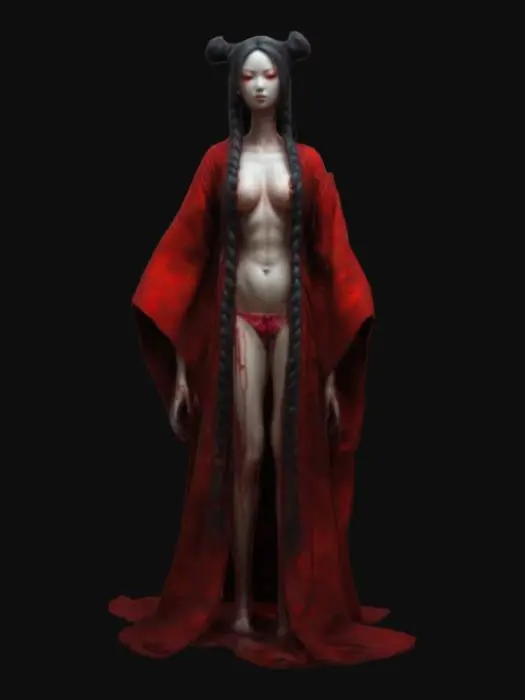 3D model for Kannonbiraki Benihime Aratame. Comic book dark fantasy stylized art, hand-painted texture. A beautiful woman with segmented doll-like body, revealing red robe, dark, braided hair arranged in loops on her head. Glowing surgical aura, reality-altering presence, ceremonial elegance blended with horror. Deep painterly highlights, dramatic shadows.