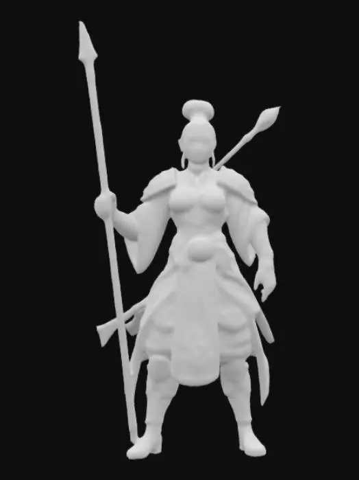 3D model for Hua Mulan, the legendary warrior, stands in full Tang Dynasty armor, her hair tied in a warrior’s bun. She grips a long spear, her stance strong and determined. Her armor is battle-worn, showing the scars of war. Behind her, a battlefield stretches with banners waving in the wind. Dust and embers fill the air as soldiers charge in the background. Her eyes show both wisdom and unwavering courage. #women#