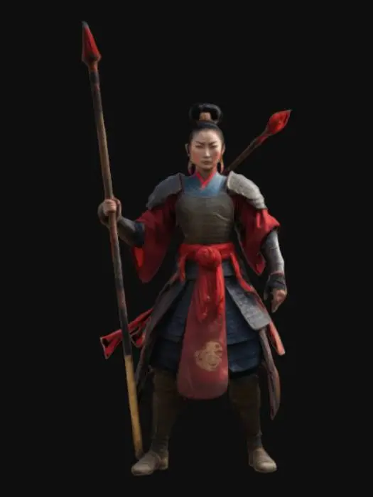 3D model for Hua Mulan, the legendary warrior, stands in full Tang Dynasty armor, her hair tied in a warrior’s bun. She grips a long spear, her stance strong and determined. Her armor is battle-worn, showing the scars of war. Behind her, a battlefield stretches with banners waving in the wind. Dust and embers fill the air as soldiers charge in the background. Her eyes show both wisdom and unwavering courage. #women#