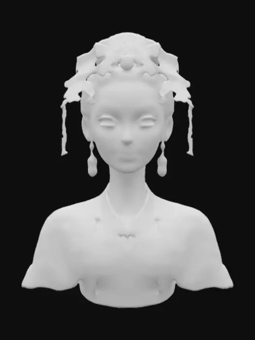 3D model for A hyper-realistic Empress Wu Zetian with smooth, pale porcelain skin and piercing dark eyes. High cheekbones, arched brows, and perfectly sculpted lips painted deep red. Her black hair is styled in an elaborate Tang Dynasty updo, adorned with golden phoenix hairpins and jade ornaments. She wears a flowing imperial silk robe embroidered with dragons and clouds, shimmering subtly under warm golden light. The fabric drapes naturally over her shoulders. #women#