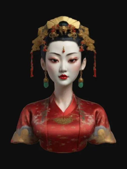 3D model for A hyper-realistic Empress Wu Zetian with smooth, pale porcelain skin and piercing dark eyes. High cheekbones, arched brows, and perfectly sculpted lips painted deep red. Her black hair is styled in an elaborate Tang Dynasty updo, adorned with golden phoenix hairpins and jade ornaments. She wears a flowing imperial silk robe embroidered with dragons and clouds, shimmering subtly under warm golden light. The fabric drapes naturally over her shoulders. #women#