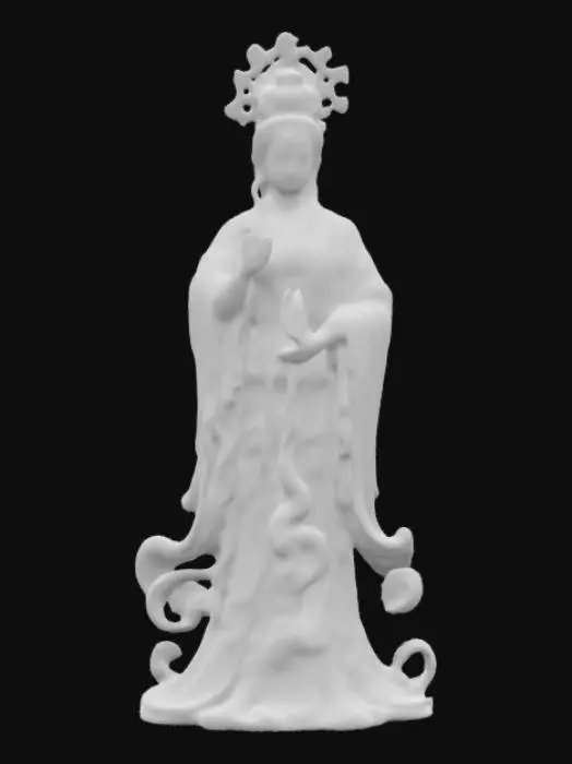3D model for A stunningly lifelike statue of Empress Wu Zetian, sculpted in deep emerald jade with subtle golden veins running through the polished surface. Regal face, calm, commanding, high cheekbones, delicate lips, and piercing almond-shaped eyes. Her elaborate Tang Dynasty headdress, adorned with phoenix motifs, is intricately carved. Flowing silk robes with meticulously detailed dragon embroidery drape over her form, every fold and curve masterfully captured in stone. A soft, diffused light. #women#