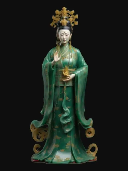 3D model for A stunningly lifelike statue of Empress Wu Zetian, sculpted in deep emerald jade with subtle golden veins running through the polished surface. Regal face, calm, commanding, high cheekbones, delicate lips, and piercing almond-shaped eyes. Her elaborate Tang Dynasty headdress, adorned with phoenix motifs, is intricately carved. Flowing silk robes with meticulously detailed dragon embroidery drape over her form, every fold and curve masterfully captured in stone. A soft, diffused light. #women#