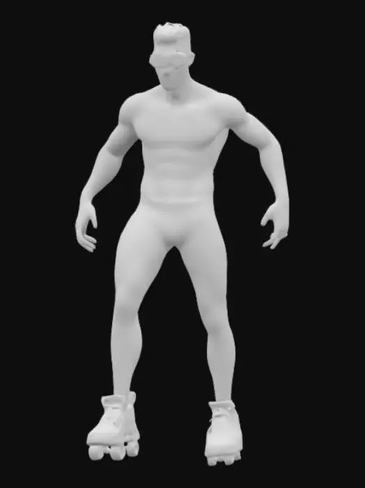 3D model for A lean, hyper-flexible urban warrior with long, acrobatic limbs and a sculpted dancer’s physique. His body is wrapped in a neon-splattered, high-tech bodysuit, and he wears roller-skate sneakers with retractable wheels. His sharp, half-shaved head is covered by a metallic graffiti mask, shifting in expression. His holographic tattoos change shape with his emotions, leaving trails of neon graffiti as he flips mid-air, blending street art and combat in one fluid motion.