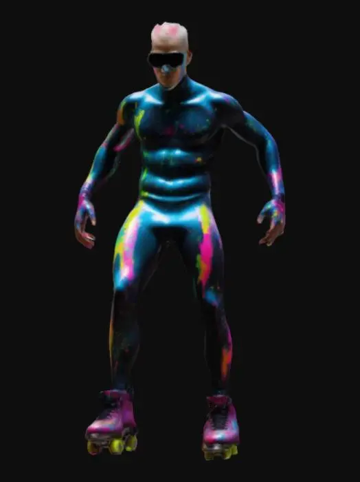 3D model for A lean, hyper-flexible urban warrior with long, acrobatic limbs and a sculpted dancer’s physique. His body is wrapped in a neon-splattered, high-tech bodysuit, and he wears roller-skate sneakers with retractable wheels. His sharp, half-shaved head is covered by a metallic graffiti mask, shifting in expression. His holographic tattoos change shape with his emotions, leaving trails of neon graffiti as he flips mid-air, blending street art and combat in one fluid motion.