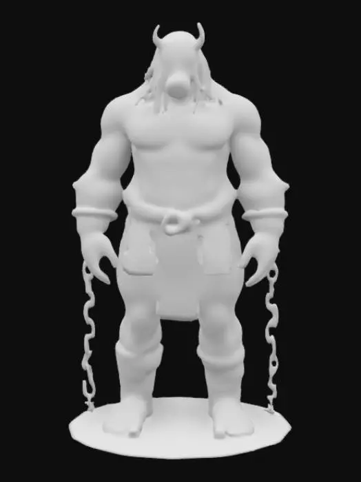 3D model for A monolithic fighter with a gladiator’s build, his massive shoulders and carved muscles resembling cracked marble. His ghostly pale dreadlocks are tied in a long ponytail, and his deep black sclera eyes give him an unsettling, unblinking stare. He wears a cracked gas mask covering his lower face, and his arms are wrapped in thick, rusted steel chains that clank as he moves. His skin, a mixture of ashen grey and battle-worn scars, radiates an eerie, quiet menace.
