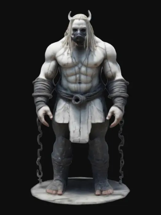 3D model for A monolithic fighter with a gladiator’s build, his massive shoulders and carved muscles resembling cracked marble. His ghostly pale dreadlocks are tied in a long ponytail, and his deep black sclera eyes give him an unsettling, unblinking stare. He wears a cracked gas mask covering his lower face, and his arms are wrapped in thick, rusted steel chains that clank as he moves. His skin, a mixture of ashen grey and battle-worn scars, radiates an eerie, quiet menace.