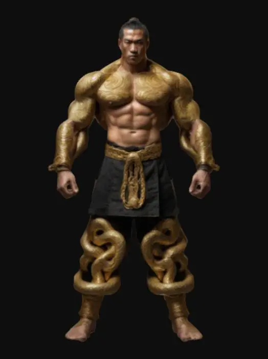 3D model for An imposing martial artist with god-like physique, his muscles sculpted like an ancient warrior’s. His black-and-gold martial arts gi is left open, revealing a massive golden serpent tattoo that appears to move with each flex. His hair is intricately braided with real gold chains woven into the strands, and his rings—thick, engraved, and studded with diamonds—double as hidden weapons. 4K PBR textures, realistic skin pores.