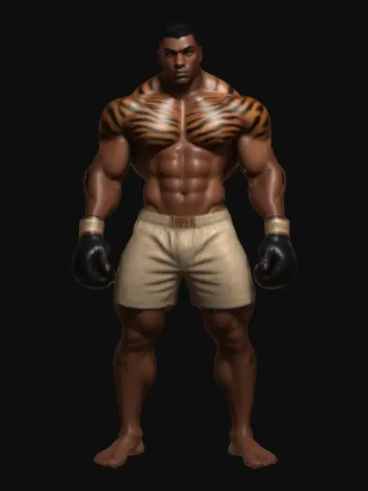 3D model for A strikingly handsome black guy pugilist, broad shoulders and sculpted V-taper physique. His smooth caramel skin glowing, his jawline chiseled and framed by a perfect five o’clock shadow. A custom tiger tattoo, perfectly cut eight-pack abdomen. Photorealistic, game-ready model, AAA game quality, High-resolution skin pores, natural muscle definition, soft shadow diffusion, physically based ray tracing, volumetric lighting effects.
