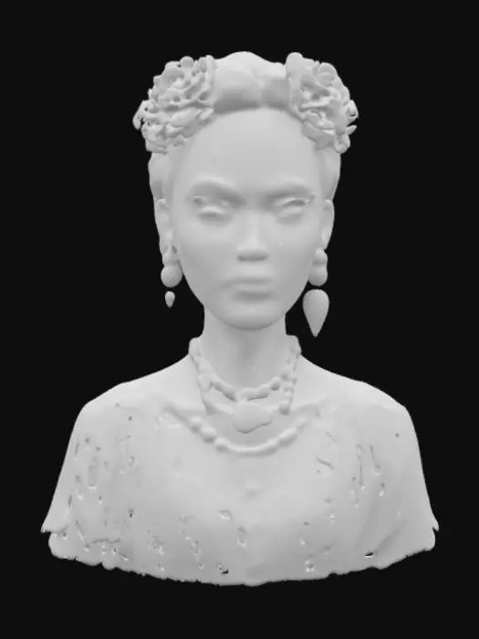 3D model for A strikingly detailed 3D model of Frida Kahlo, her intense gaze framed by bold, arched brows. Her rich, deep brown eyes radiate resilience and creativity. She wears a traditional embroidered Tehuana dress, vibrant with floral patterns, and a statement necklace of indigenous beads. Her iconic braided updo is adorned with vivid flowers. Her weathered yet graceful hands rest at her side, hinting at strength and suffering. #women#