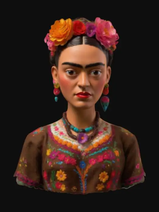 3D model for A strikingly detailed 3D model of Frida Kahlo, her intense gaze framed by bold, arched brows. Her rich, deep brown eyes radiate resilience and creativity. She wears a traditional embroidered Tehuana dress, vibrant with floral patterns, and a statement necklace of indigenous beads. Her iconic braided updo is adorned with vivid flowers. Her weathered yet graceful hands rest at her side, hinting at strength and suffering. #women#