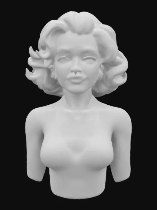 3D model for A stunningly detailed 3D model of Marilyn Monroe, her radiant smile framed by iconic platinum blonde curls. Her sultry blue eyes shimmer under classic Hollywood lighting, and her signature beauty mark adds to her allure. She wears a flowing white halter dress, caught mid-motion as if by a gentle breeze. Her red lips curve into a playful yet mysterious smirk, exuding timeless elegance. The soft glow of vintage studio lights casts a warm, cinematic aura around her figure. #women#