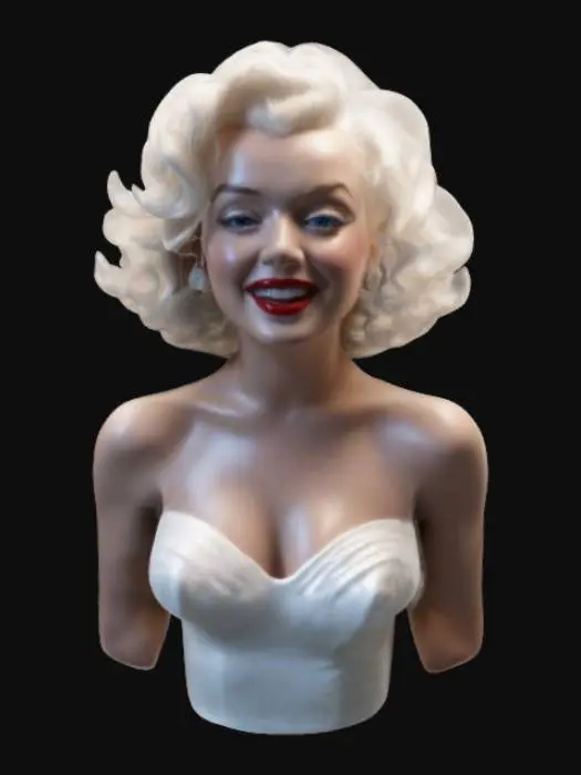 3D model for A stunningly detailed 3D model of Marilyn Monroe, her radiant smile framed by iconic platinum blonde curls. Her sultry blue eyes shimmer under classic Hollywood lighting, and her signature beauty mark adds to her allure. She wears a flowing white halter dress, caught mid-motion as if by a gentle breeze. Her red lips curve into a playful yet mysterious smirk, exuding timeless elegance. The soft glow of vintage studio lights casts a warm, cinematic aura around her figure. #women#
