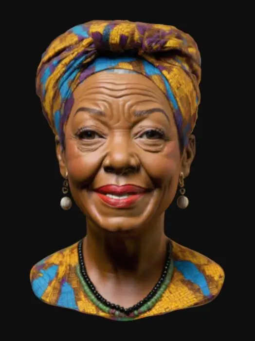 3D model for A soulful 3D bust of Maya Angelou, her expressive eyes full of wisdom and resilience. Her radiant smile reveals both strength and warmth. She wears a patterned African headwrap and elegant beaded earrings. The fine lines of experience on her face tell the story of a life dedicated to poetry, activism, and empowerment. Her head is held high, embodying the essence of a woman who refused to be silenced and inspired generations with her words. #women#