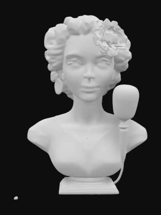 3D model for A stunning 3D bust of Billie Holiday, her face illuminated by the soft glow of a jazz club. Her signature gardenia flower is tucked into her wavy, pin-curled hair. She wears a sleek satin dress, and her deep brown eyes carry both sorrow and defiance. Her full lips are slightly parted, as if caught mid-song, evoking the soul-stirring emotion of ‘Strange Fruit.’ A golden vintage microphone stands before her, its presence a silent testament to her impact. #women#