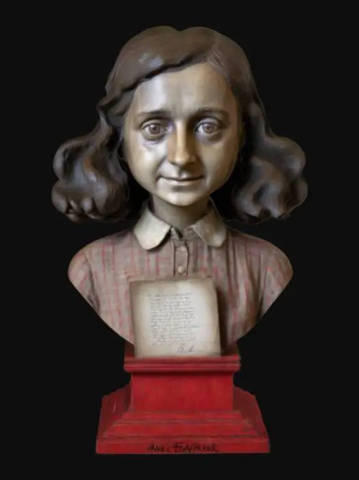 3D model for A deeply moving 3D bust of Anne Frank, her youthful face filled with both curiosity and quiet resilience. Her dark curls softly frame her expressive eyes, full of unspoken words. She wears a modest collared dress, her hands gently resting on a small, red checkered diary. The faint outline of a window behind her symbolizes both confinement and hope. Her expression, thoughtful yet determined, captures the spirit of a girl who believed in the goodness of humanity. #women#