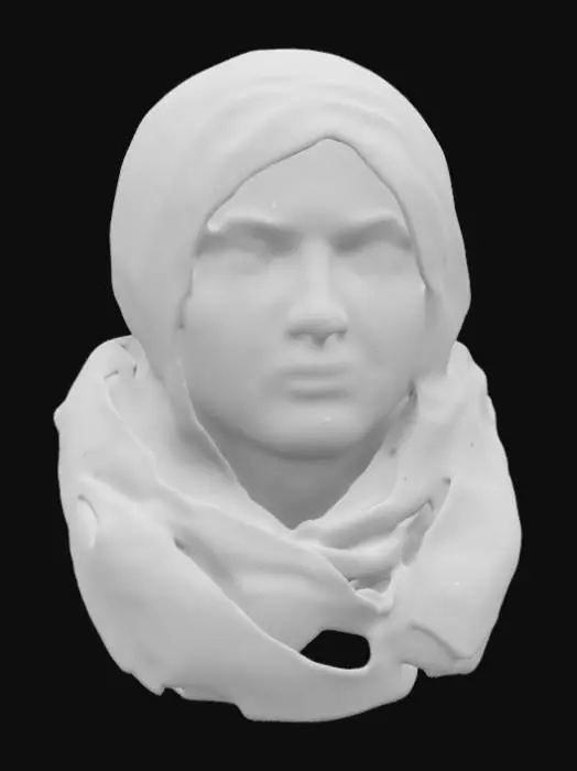 3D model for A strikingly detailed 3D model of a young Afghan girl with piercing green eyes that radiate intensity and resilience. Her weathered yet youthful face is framed by unkempt dark hair, partially covered by a tattered red headscarf. Her expression is a mix of defiance and vulnerability. The rich texture of her traditional shawl, with frayed edges and deep folds, contrasts with a muted green background, adding depth to her haunting gaze. #women#