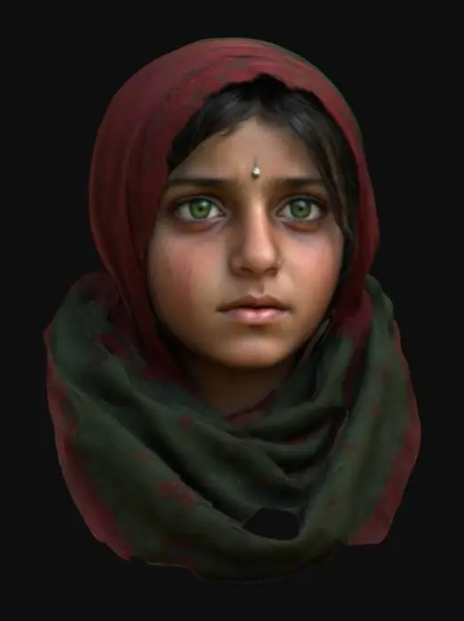 3D model for A strikingly detailed 3D model of a young Afghan girl with piercing green eyes that radiate intensity and resilience. Her weathered yet youthful face is framed by unkempt dark hair, partially covered by a tattered red headscarf. Her expression is a mix of defiance and vulnerability. The rich texture of her traditional shawl, with frayed edges and deep folds, contrasts with a muted green background, adding depth to her haunting gaze. #women#
