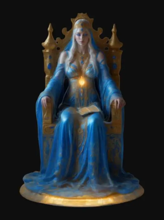 3D model for Realistic tarot card of a breathtaking High Priestess sits on an ornate throne, draped in shimmering translucent silk that clings to her divine form. Her deep blue eyes glow with hidden wisdom as she holds an ancient, glowing tarot card between her fingers. The golden embroidery of her barely-there robes flows like liquid light, revealing glimpses of her soft, ethereal curves. The twin pillars of knowledge rise behind her, casting seductive shadows across her celestial skin. #valentine#