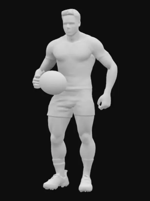 3D model for a fit, athletic 3D young rugby player practicing rugby drills. a muscular yet lean build with strong legs, toned arms, and light scrapes or bruises on skin. expression focused. he wears a jersey, shorts, cleats. outside lighting. Ensure clean topology. avoid distortions or unnatural proportions.  