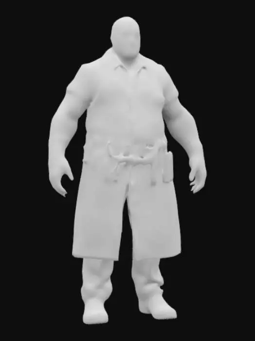 3D model for A deranged surgeon in a stained, patchwork coat, his arms stitched together with sinew and metal plates. His leather gloves are slick with fresh blood, and his belt is adorned with surgical knives, bone saws, and syringes filled with unnatural fluids. A gory apron covers his twisted body, and his eyes gleam with morbid curiosity. In one hand, he holds a grafted limb, twitching as if still alive. 