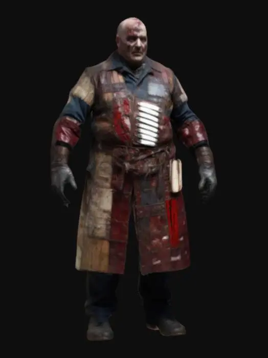 3D model for A deranged surgeon in a stained, patchwork coat, his arms stitched together with sinew and metal plates. His leather gloves are slick with fresh blood, and his belt is adorned with surgical knives, bone saws, and syringes filled with unnatural fluids. A gory apron covers his twisted body, and his eyes gleam with morbid curiosity. In one hand, he holds a grafted limb, twitching as if still alive. 