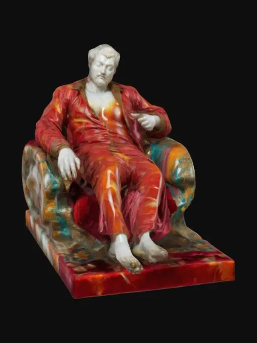 3D model for High detail. Polished vibrant colorful marble statue. A refined but wild-looking nobleman reclines on a lavish red velvet chaise. His partially unbuttoned silk shirt clings to his sculpted chest, revealing glimpses of his toned muscles. His piercing eyes hold an unreadable expression—half command, half invitation—as he tilts his glass of wine with lazy amusement.