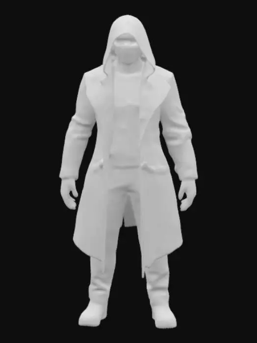 3D model for A sleek, ghostlike figure, his thin, athletic frame wrapped in a futuristic black leather trench coat embedded with neon waveform patterns that pulse to the beat of his internal rhythm. His face is hidden behind a holographic DJ mask, constantly shifting between glowing symbols. His hands—fingerless, cybernetic, and razor-sharp.